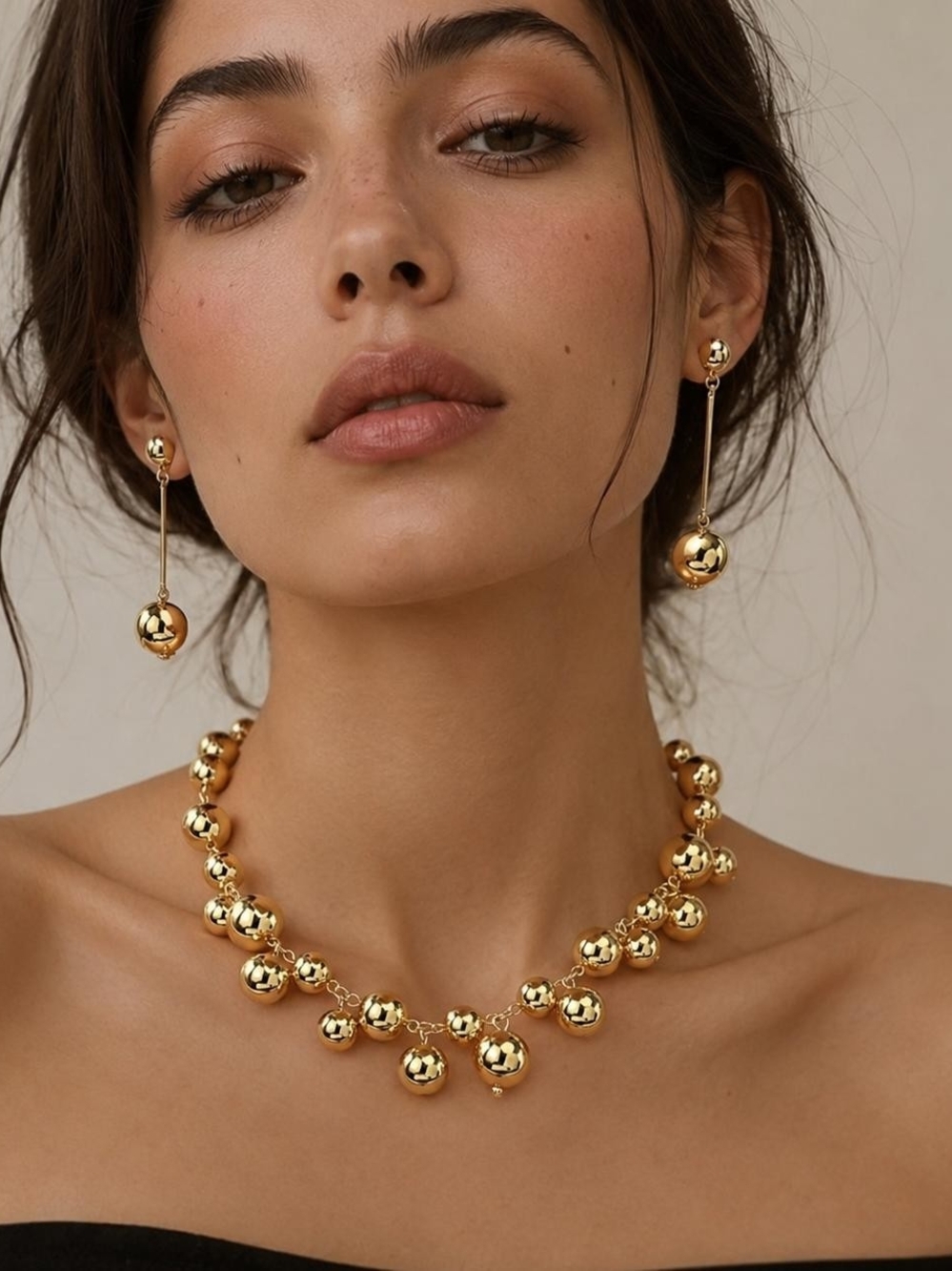 Gold Bead Necklace And Earing Set